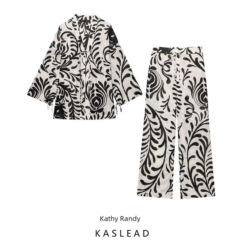 Kaslead New Arrival Women's Clothing Fashion Style Print Kimono Outerwear Casual Pants 2731084 2731089