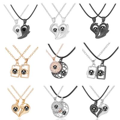 Sun & Moon Magnet Couple Necklace with Heart-Shaped Projection 'I Love You' In 100 Languages
