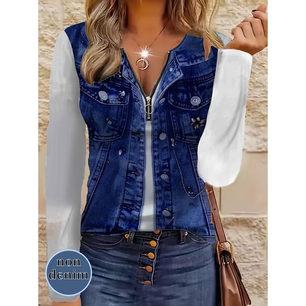 Comfortable trend casual elegant style imitation denim fake two-piece element printing pattern women's garden collar zipper long sleeve