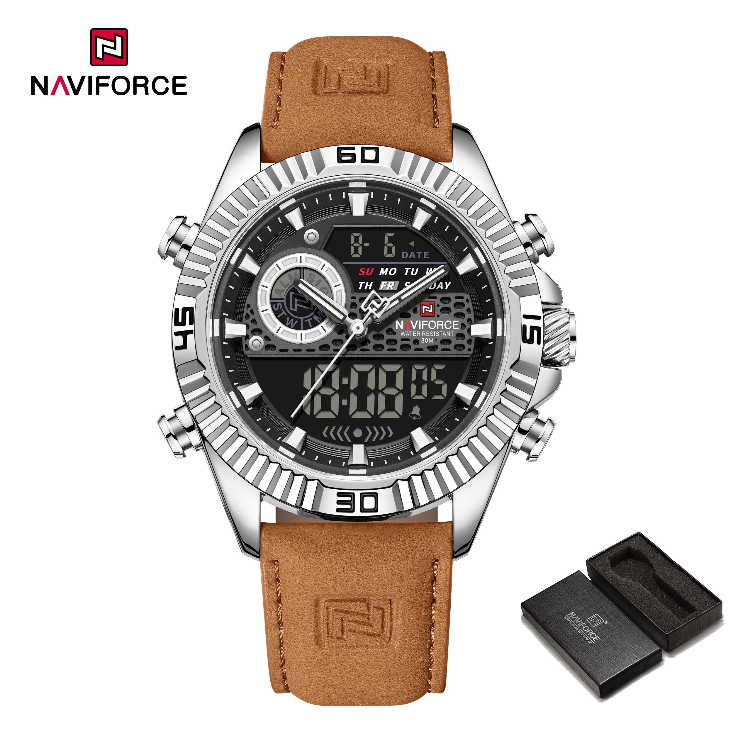 

NAVIFORCE Original Men Dual Time Watch Quartz Movement LCD Digital Leather Strap Calendar Date Chronograph Waterproof Men Watch NF9262L коричневий/срібний