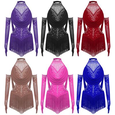 Meisjes Latijnse Performance Set Gerimpelde Mesh Turnpakje met Glitterende Strass Steentjes & Mesh Handschoenen