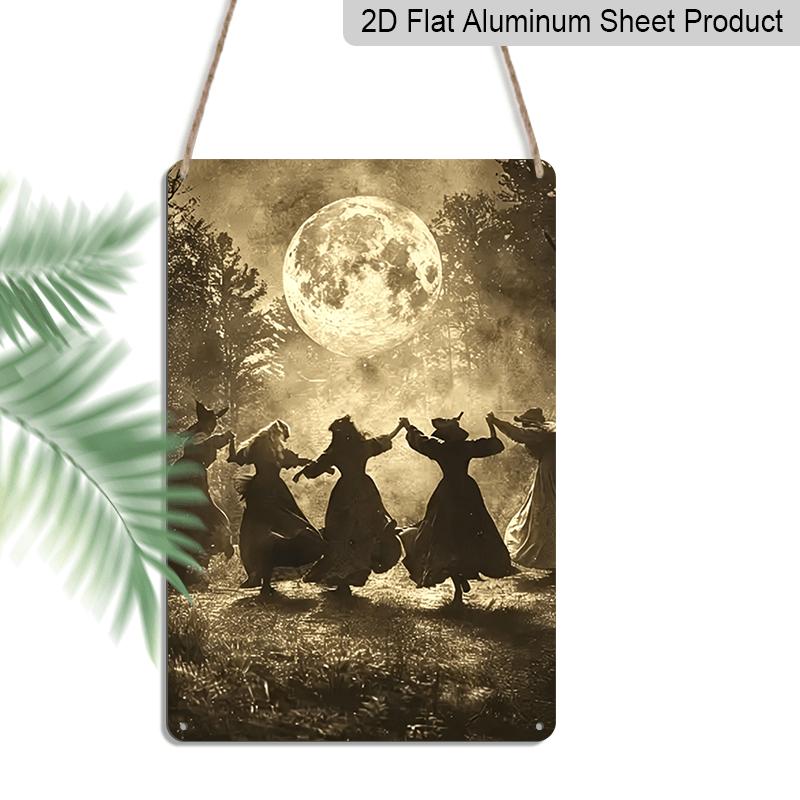 2D Flat, 1pc Vintage Witches Dancing Under Full Moon Aluminum Sign - Gothic Halloween Decor, 8*12 Inches, Suitable for Living Room Wall, Garden