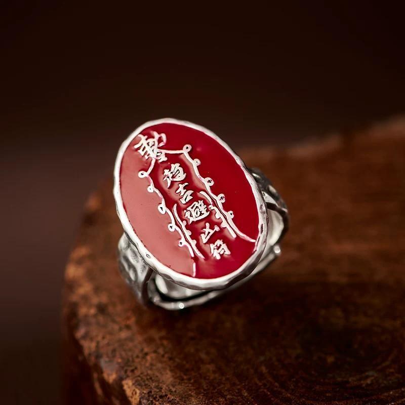 Adjustable Open Ring Men Women Vintage Style Copper Charm With Chinese Character Motif Protective Symbolic Finger Adjustable Open Band
