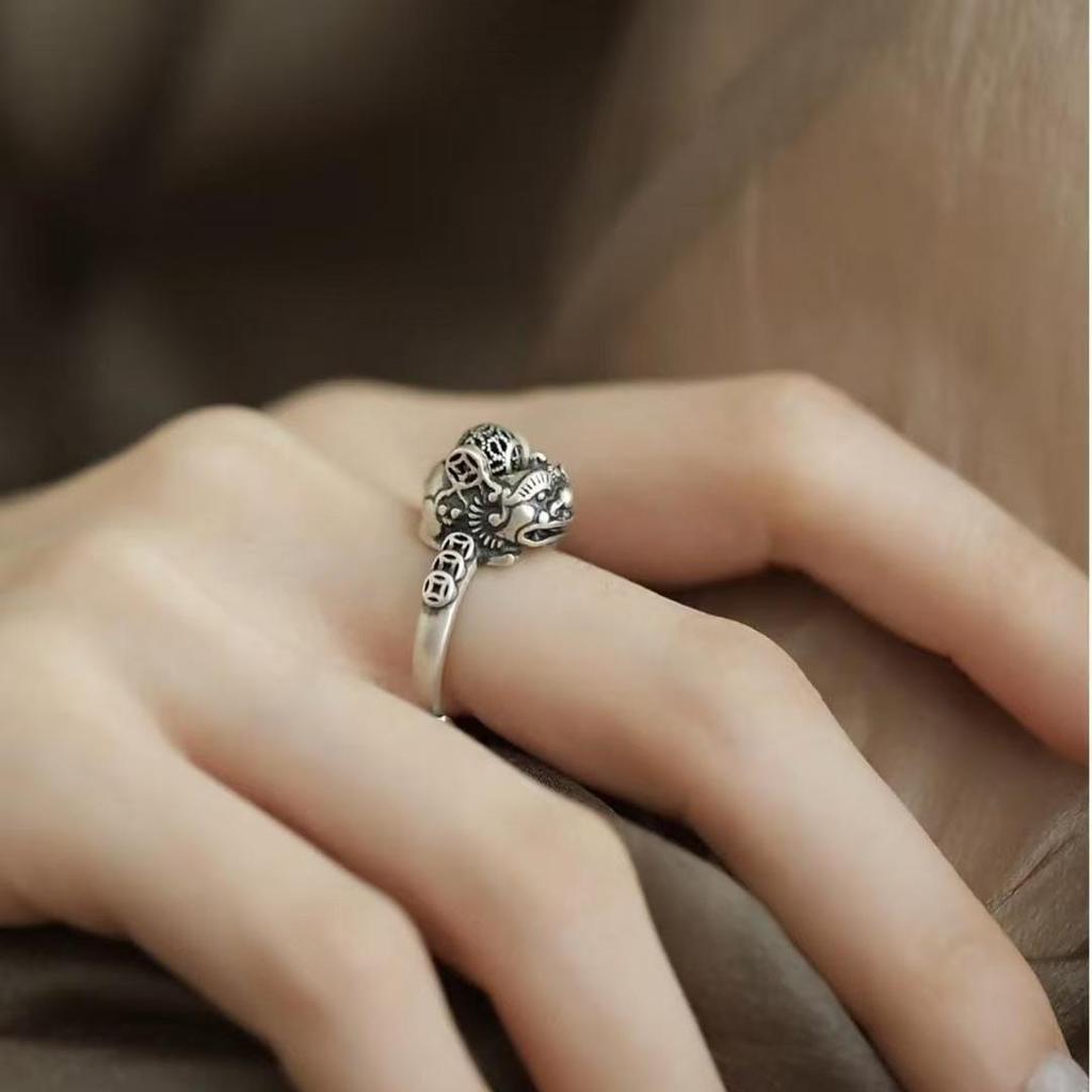 Retro Thai Silver Pixiu Rotatable Ring: Wealth-Attracting Adjustable Unisex Ethnic Style