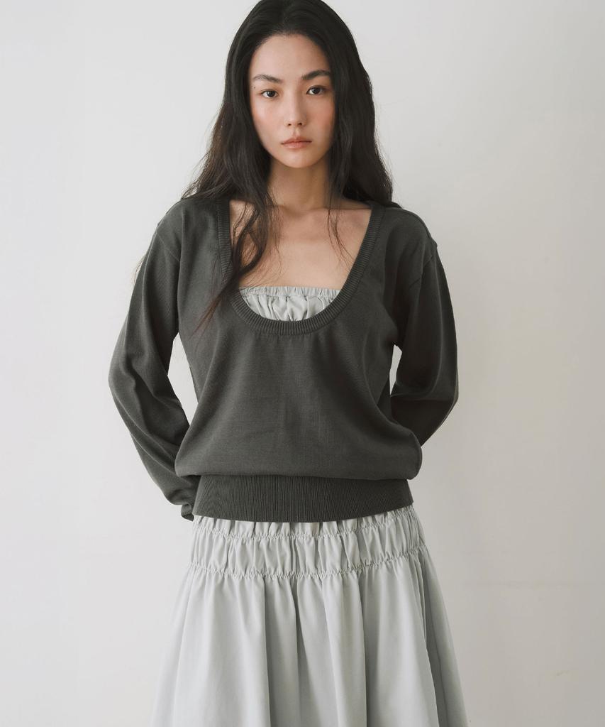 Ieoning Deep U-Neck Cotton Knit, Charcoal