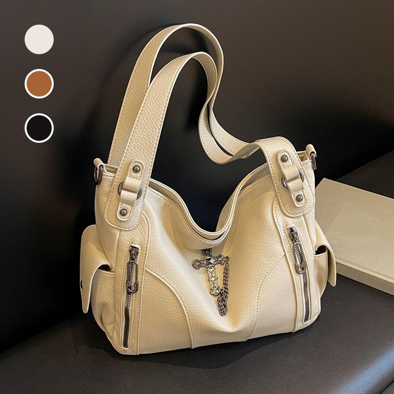 Lychee Pattern Bag Large Capacity Women's Cross Rivet Shoulder Bag High Sense Retro Oblique Span Bag Women's Versatile