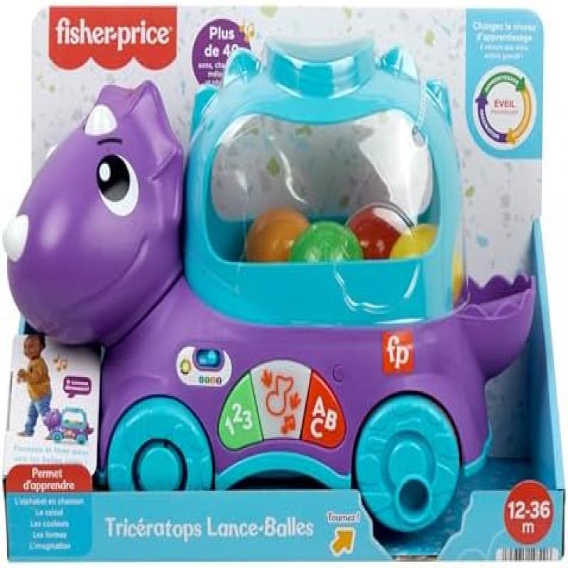 Zabawka dinozaur na sznurku Fisher-Price Bällespaß, wersja francuska, Interaktywny chodzik edukacyjny ze światłami i muzyką dla niemowląt w wieku 1-3 lat