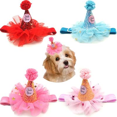 Haustier Geburtstagshut Tüll Glitzer Geburtstagskegel Haustier Stirnband Kopfschmuck Für Hunde Katzen Party Verkleidung Haaraccessoires Blau Rosa Rot