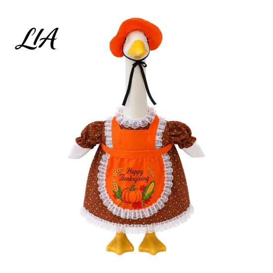 Autumn Harvest Goose Clothes with Pumpkin Print Thanksgiving Porch Outfits for 23" Statue, Fall Maple Leaf Retro Decorations Outdoor Clothes, Costume