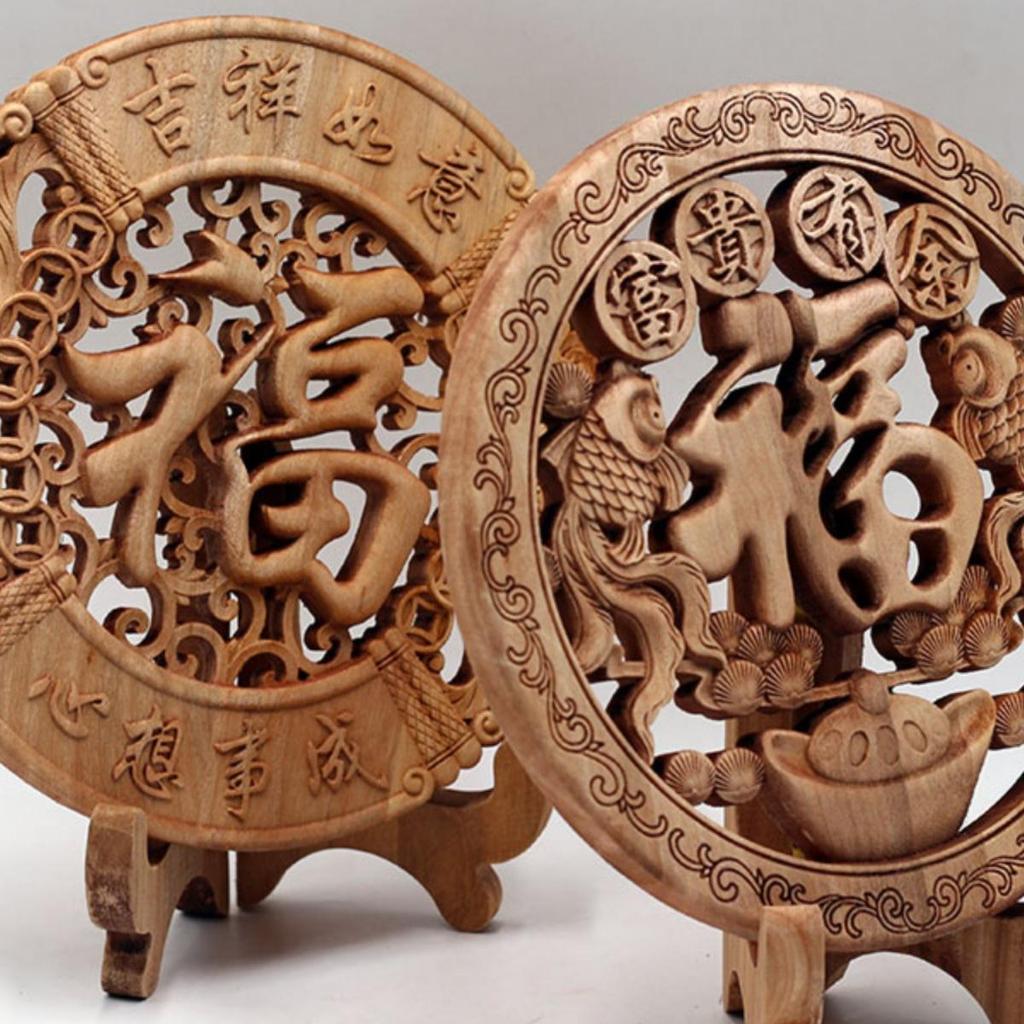 Round Camphor Wood Pendant with Fu Character - Natural Color, Carved Ornament for Living Room Decor, Solid Wood Craft Gift