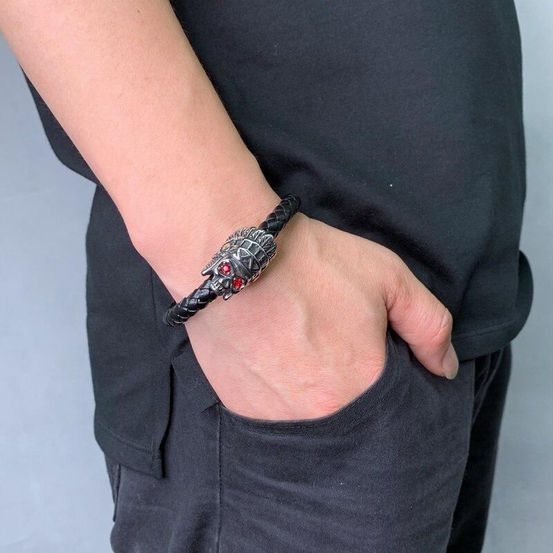 Punk Bracelet Men Skull Bracelet Genuine Leather Bracelet & Bangle Rock Jewelry Gift