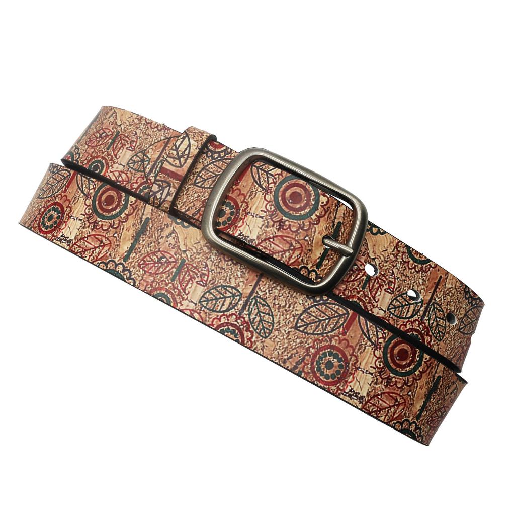 Original Design Ins Leaf Pu Printed Belt, Niche Design Full Pin Buckle Belt