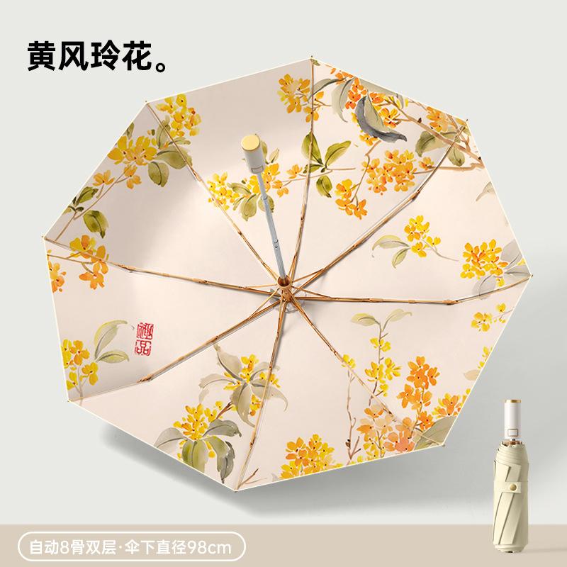 2025 popular three-fold 8-bone color glue digital weather and rain dual-purpose retro literary parasol plus
