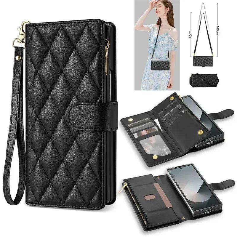 

Crossbody Lanyard Leather Zip Wallet Phone Case For Samsung Galaxy S25 Edge S24 Ultra S23 FE S22 S21 S20 Plus Note 20 Flip Cover (Samsung S20)