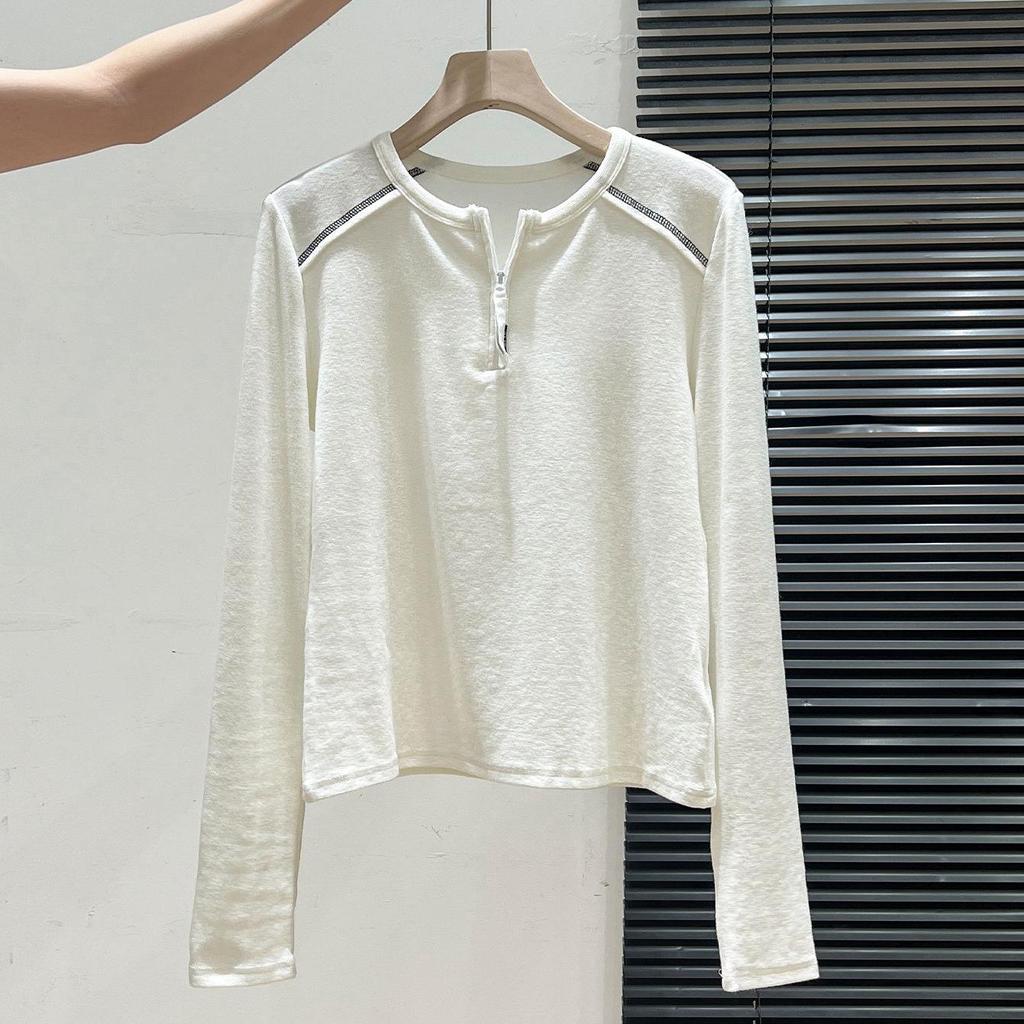 Women's Versatile White Half-Zip Round Neck Long Sleeve T-Shirt for Spring/Autumn