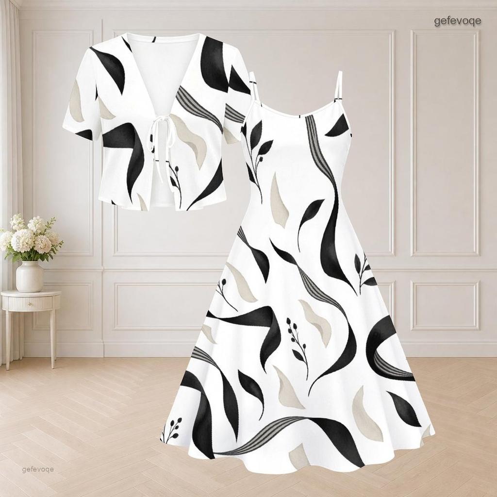 Women Plus Size Two Piece Dress Set V Neck Short Sleeve Leaf Printed Tie Front Strappy Flared Dress