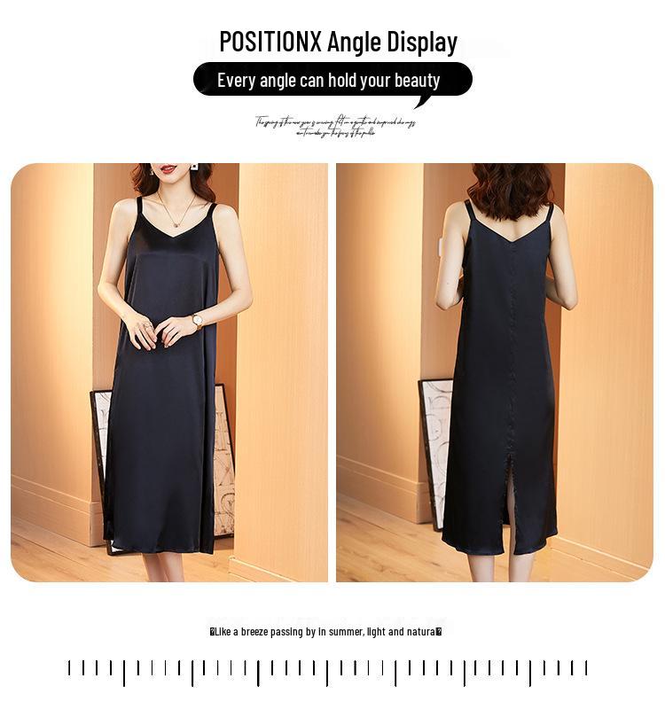 Women's Plus Size V-Neck Silk Satin Lace Camisole Dress – Sleeveless, Loose Fit for Spring & Summer Wear