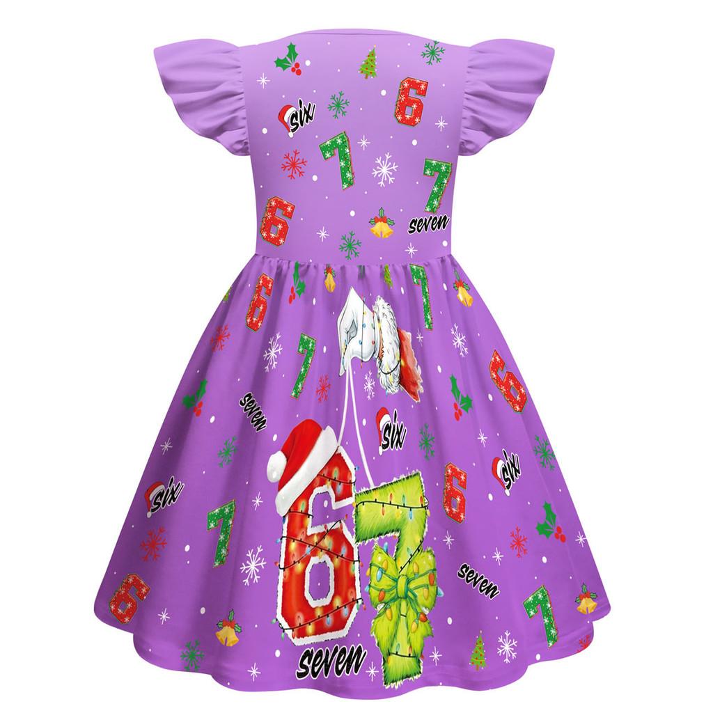 82839 Kids Girls Christmas Steal a Brainrot 67 Six Seven Print Ruffle Sleeveless Princess Dress