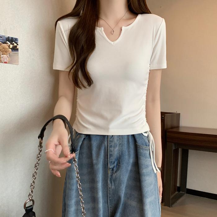 

White front shoulder short-sleeved t-shirt women s clothing summer 2025 new design sense V niche small slim-fit short top S белый