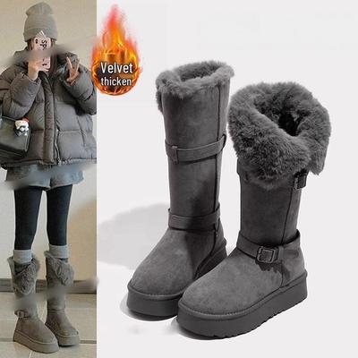 Bottes de neige d'hiver 2025 pour femme, grises, montantes jusqu'au genou, doublées en polaire, avec semelles épaisses et design haut pliable