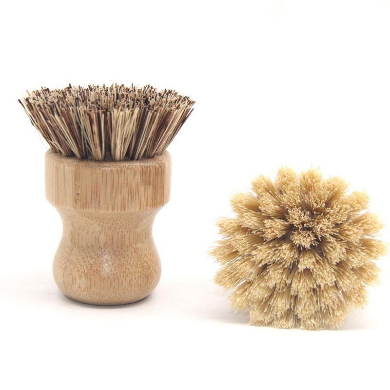 Kitchen Cleaning Brush Stove Sisal Thick Brown Short Handle Round Dish Dishwashing Bamboo and Wood Pot