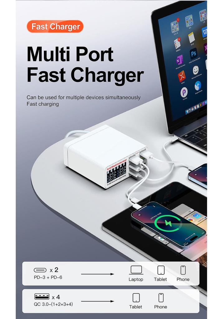 6-Port USB Fast Charger with Digital Display for Phones, Tablets, and Laptops