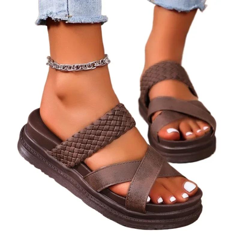 Summer Women Sandals Sexy Open Toe Broad Band Crossover Slip-On Thick Platform Shoes Casual Flat Slippers Big Size 43