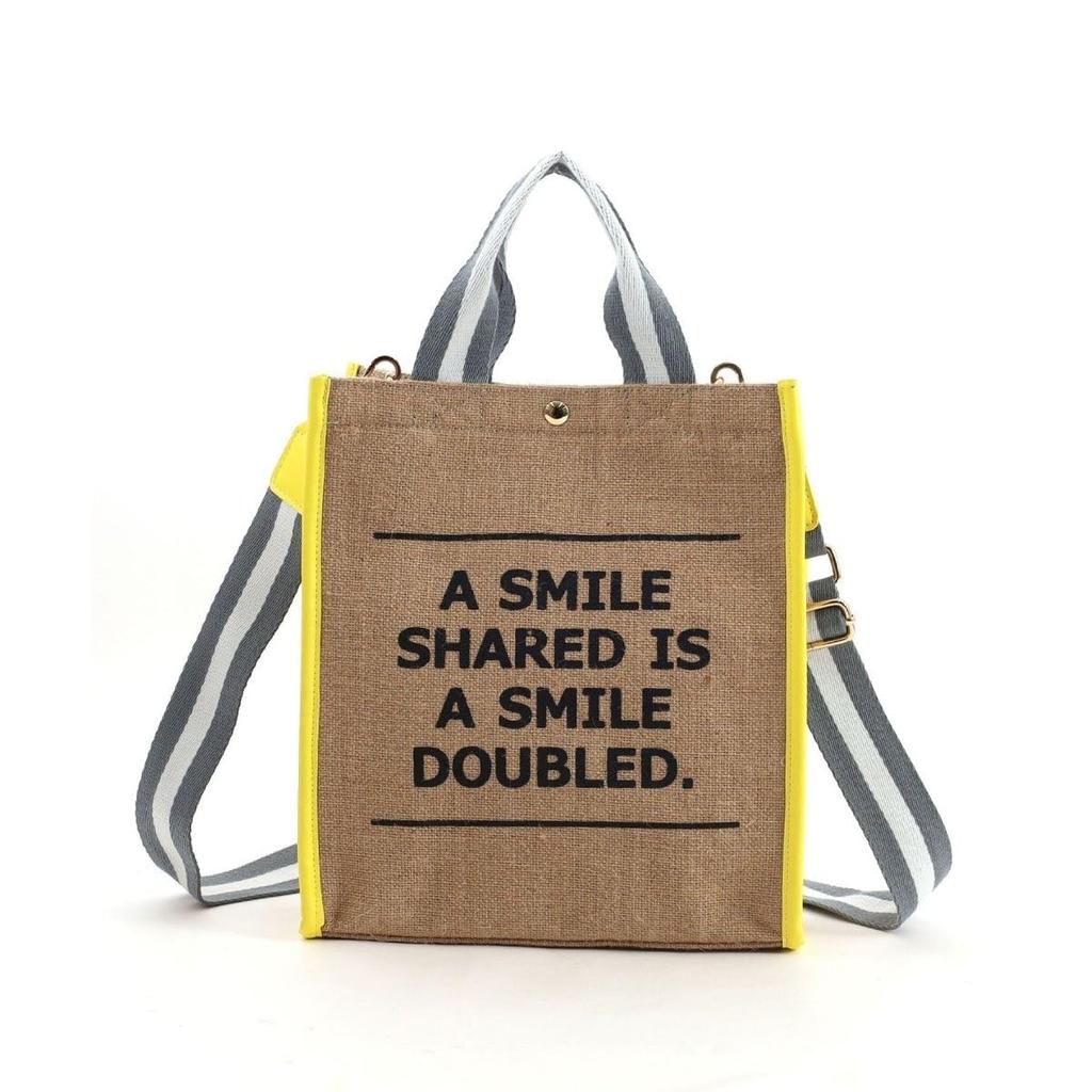 Cuco SMILEY Tape Handle Linen 2-Way Tote Bag, 2513111701, White (001)