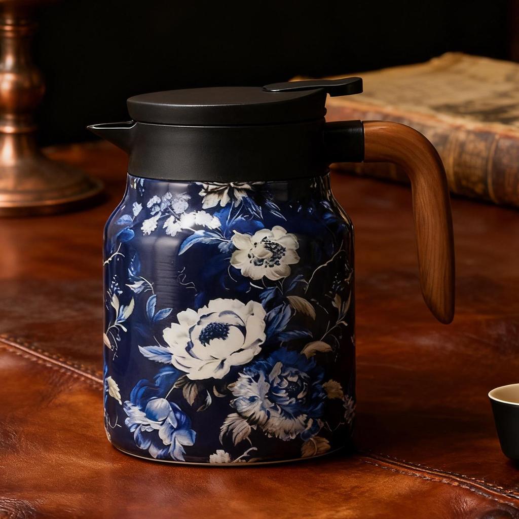 1000ml Vintage Floral Tea Thermos Stainless Steel Tea Kettle Water Bottle Floral Pattern Teapot Drip-Proof Tea Pot With Infuser