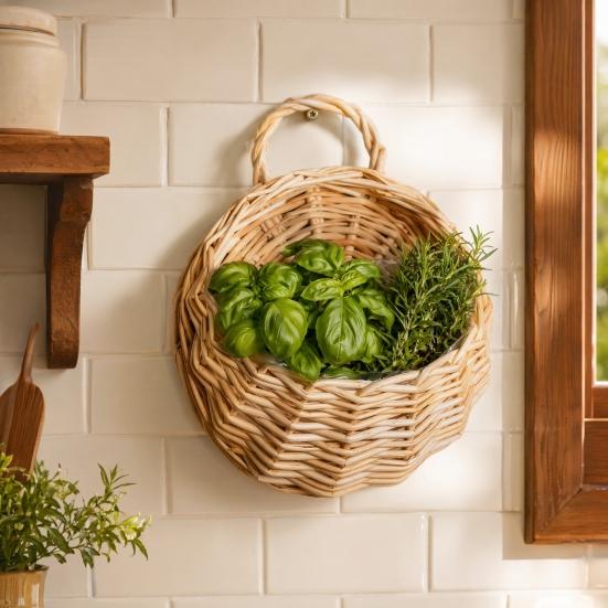 Hand-woven Wicker Basket, Hanging Flower Basket with Handle, Rustic Plant Basket Planter for Indoor Outdoor Wall Decoration