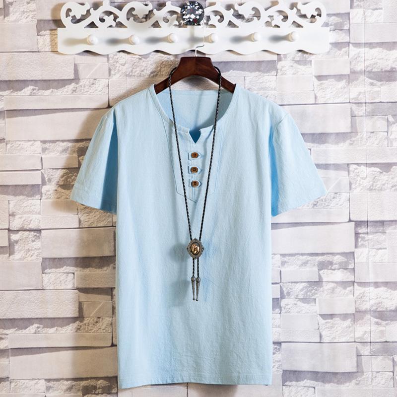Pánské retro lněné tričko s V-výstřihem pro volný čas na léto