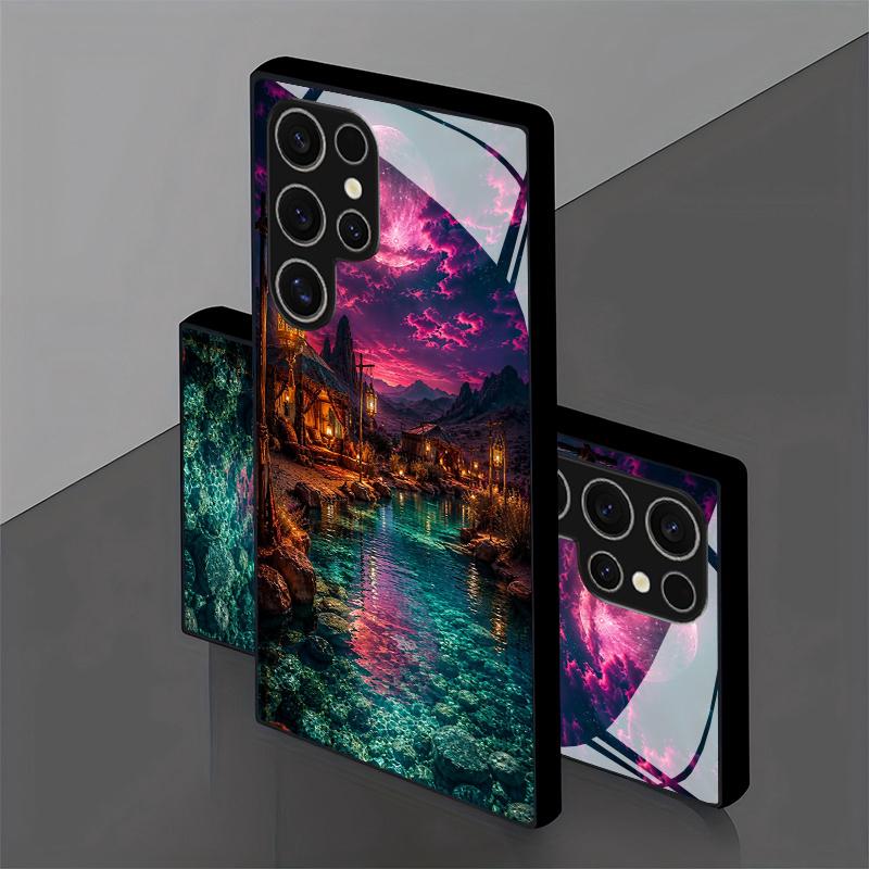 Pink Moon Oasis Pattern 2D Phone Case for Samsung S26 S25 S24 S23 S22 S21 S20 A56 A36 A16 - Glass Protective Cover
