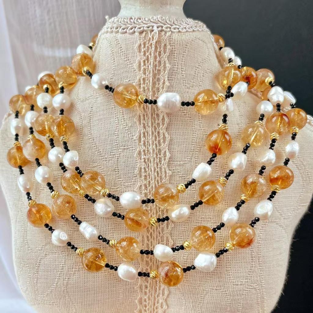 Vintage High Quality Natural Freshwater Pearl Citrine Contrasting Color Design Necklace Collarbone Chain