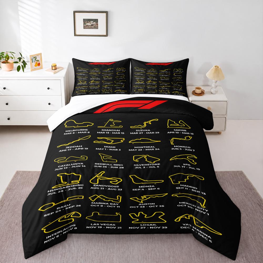Duvet Cover Set F1 Formula 1 2025 Calendar Circuits Yellow Black Racing for Men Bedroom Decor Fan Gift