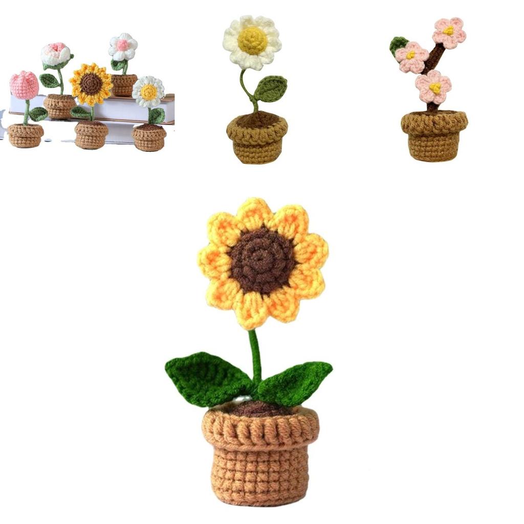 Handmade Knitting Flower Weaving Potted Plant Crochet Floral Decoration