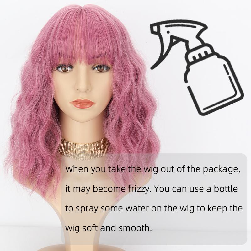 XINRAN Women Fashion Light Purple Shoulder Length Natural Wavy Wig with Bangs Synthetic Fiber Short Wavy Wig Cosplay Daily Wear