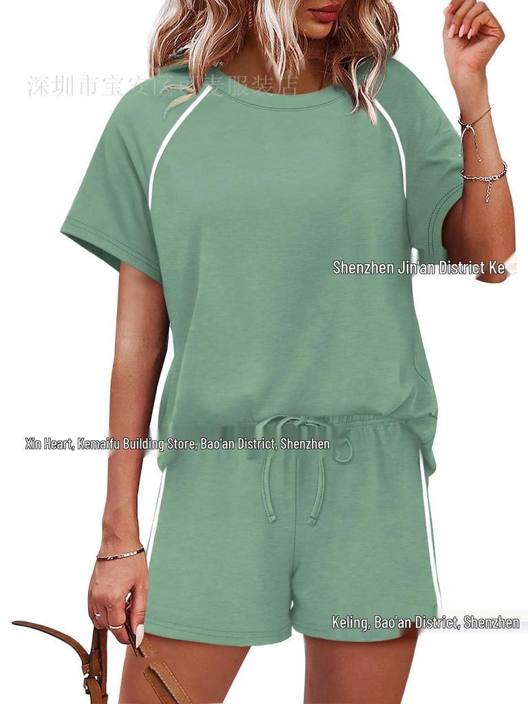 2026 Spring/Summer Women's Stretch Sport Casual Two-Piece Set - Round Neck Short Sleeve Top & Shorts
