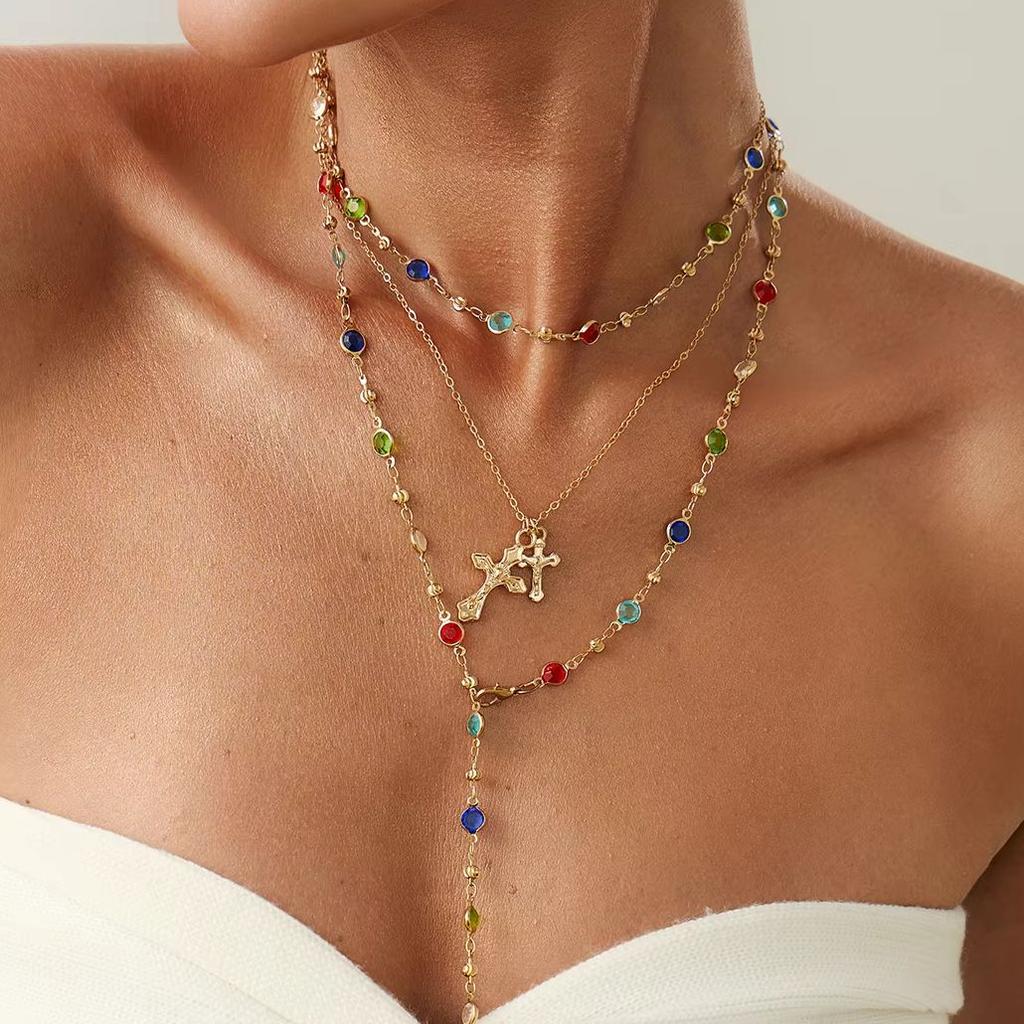 SHIXIN 3 Pcs/Set Elegant Colourful Crystal Tassel Chain Necklace for Women Vintage Cross Long Pendant Necklace Lady Neck Jewelry