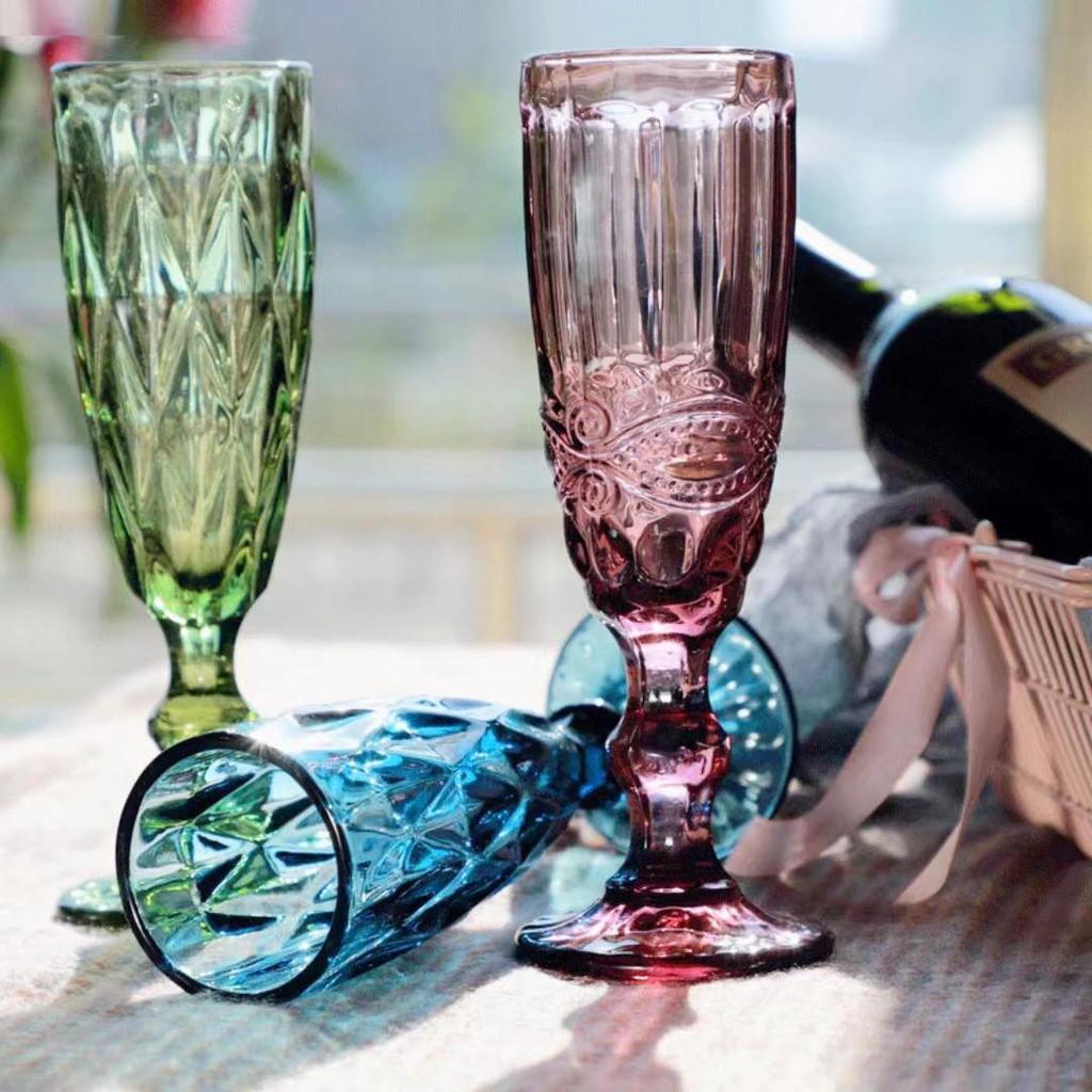 Vintage Tall-Stemmed Champagne and Wine Glasses, Embossed Thickened Juice Cups, Retro Cocktail Style
