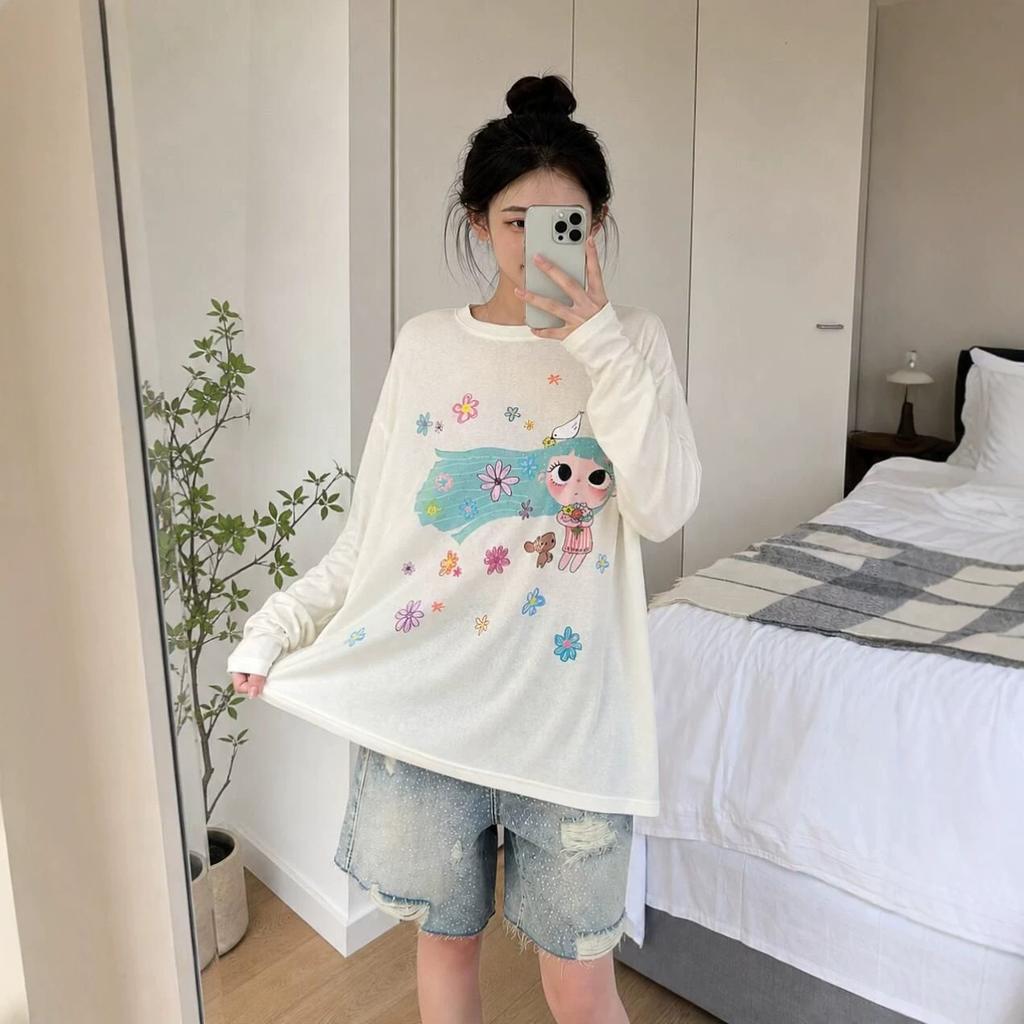 Lazy feeling loose versatile casual sweet printed long-sleeved t-shirt women's summer thin micro-transparent sunscreen blouse top