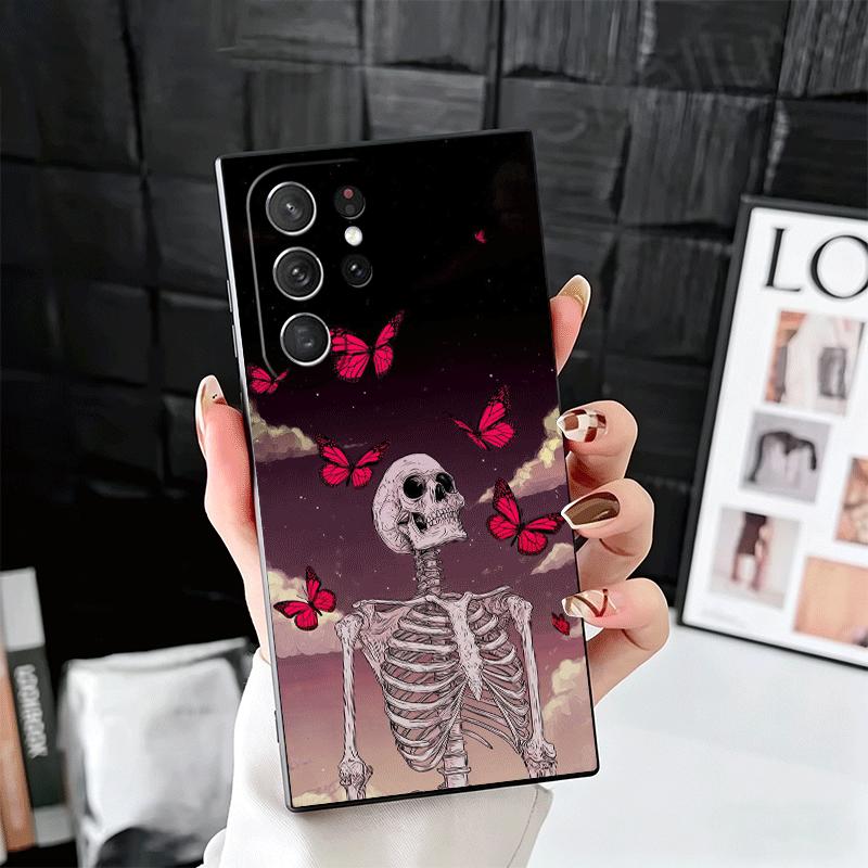 Floral Skull Flower Skeleton Soft Phone Case for Samsung Galaxy S26 S25 Edge S24 Ultra S23 Plus S22 S21 FE S20 Black Cover Back