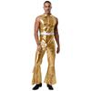 Mens 70s Jumpsuit Shiny Metallic Lapel Collar Sleeveless High Waist Flared Pants Disco Dance Singer Outfit