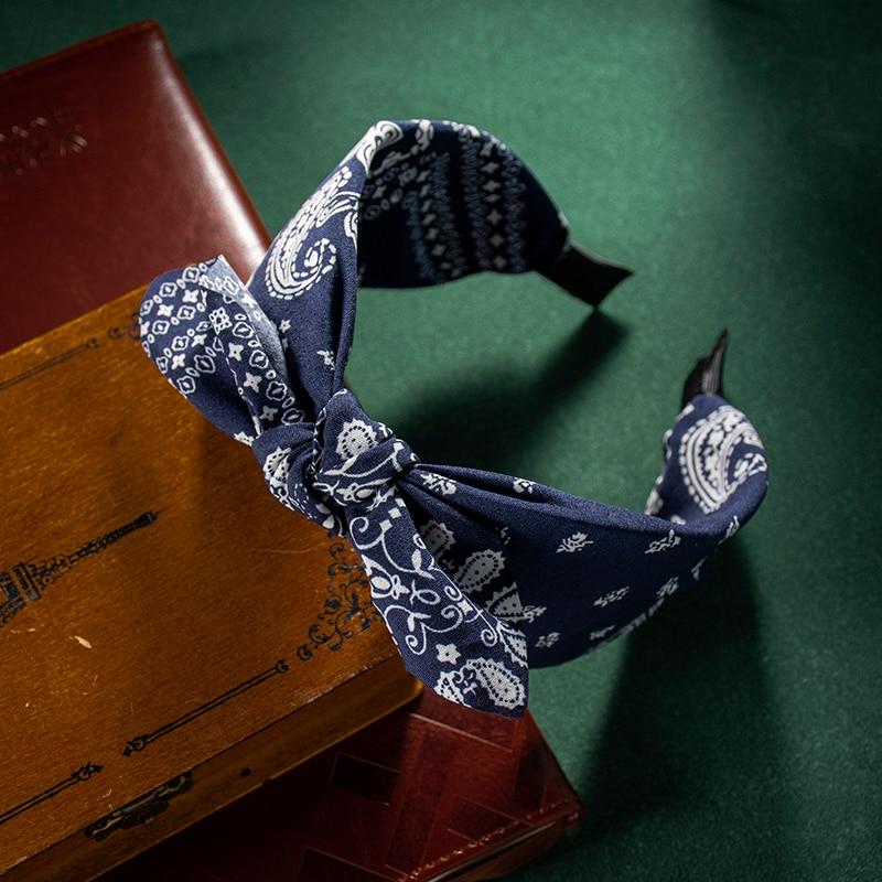 

Модные хлопковые цветы кешью с принтом, мягкие широкие обручи для волос, аксессуары для волос для женщин, повседневная повязка на голову с бантом и крестом в этническом стиле темно-синий