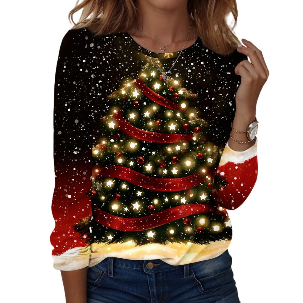Women's Fashion Christmas Print Crewneck Long Sleeve Pullover Top for Holiday Party