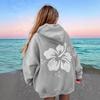 Ladies Spring Autumn Casual Hooded Drawstring Long Sleeve Big Pocket Flower Printed Pullover Hoodies Sweatshirt Top