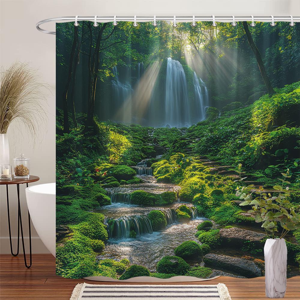 Enhance Your Bathroom with This Waterproof Shower Curtain Featuring a Lush Forest Waterfall for a Relaxing Experience