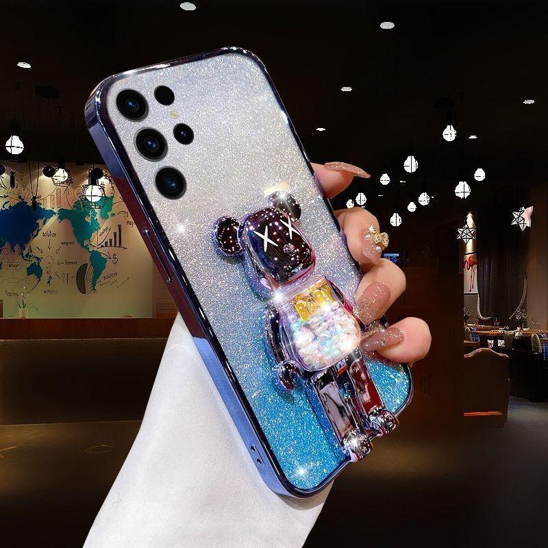 For Galaxy S26 Ultra Plus Case with Cartoon 3D Bear Stand Luxury Slim Gradient Plating Glitter Girls Stylish For Samsung Galaxy S26 + Ultra Back Cover