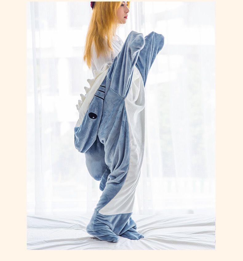 Sac de Dormit din Flanel cu Glugă de Rechin și Pijamale Cosplay - Salopetă All-in-One Caldă și Moale
