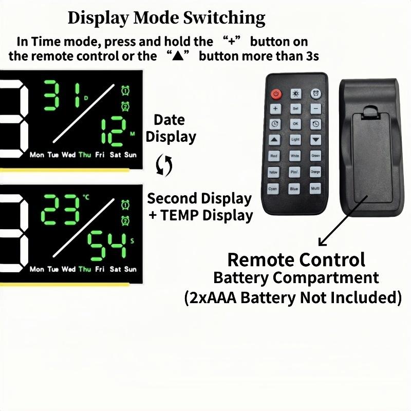 Large Digital Wall Clock with Mood Light TEMP Date Week 2 Alarm Auto Dimming Count-up Countdown Table Clock 12/24H DST LED Clock