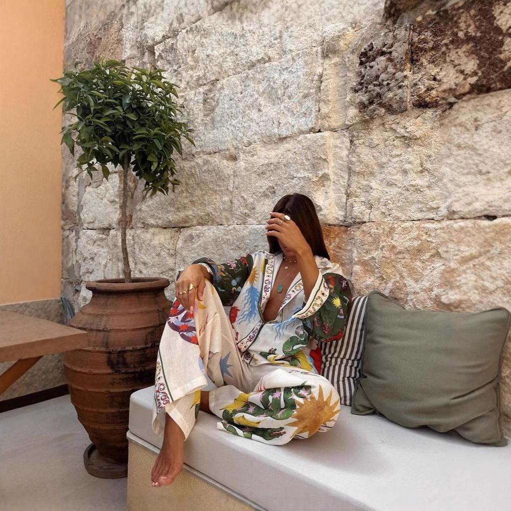 2025 Trendy Print Macaron Linen Long-Sleeved Shirt Set